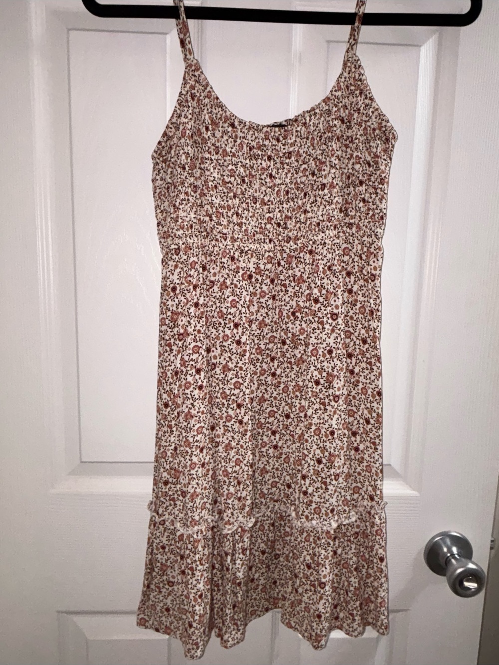 Trixxi Beige Floral Smocked Midi Dress with Rust Accents